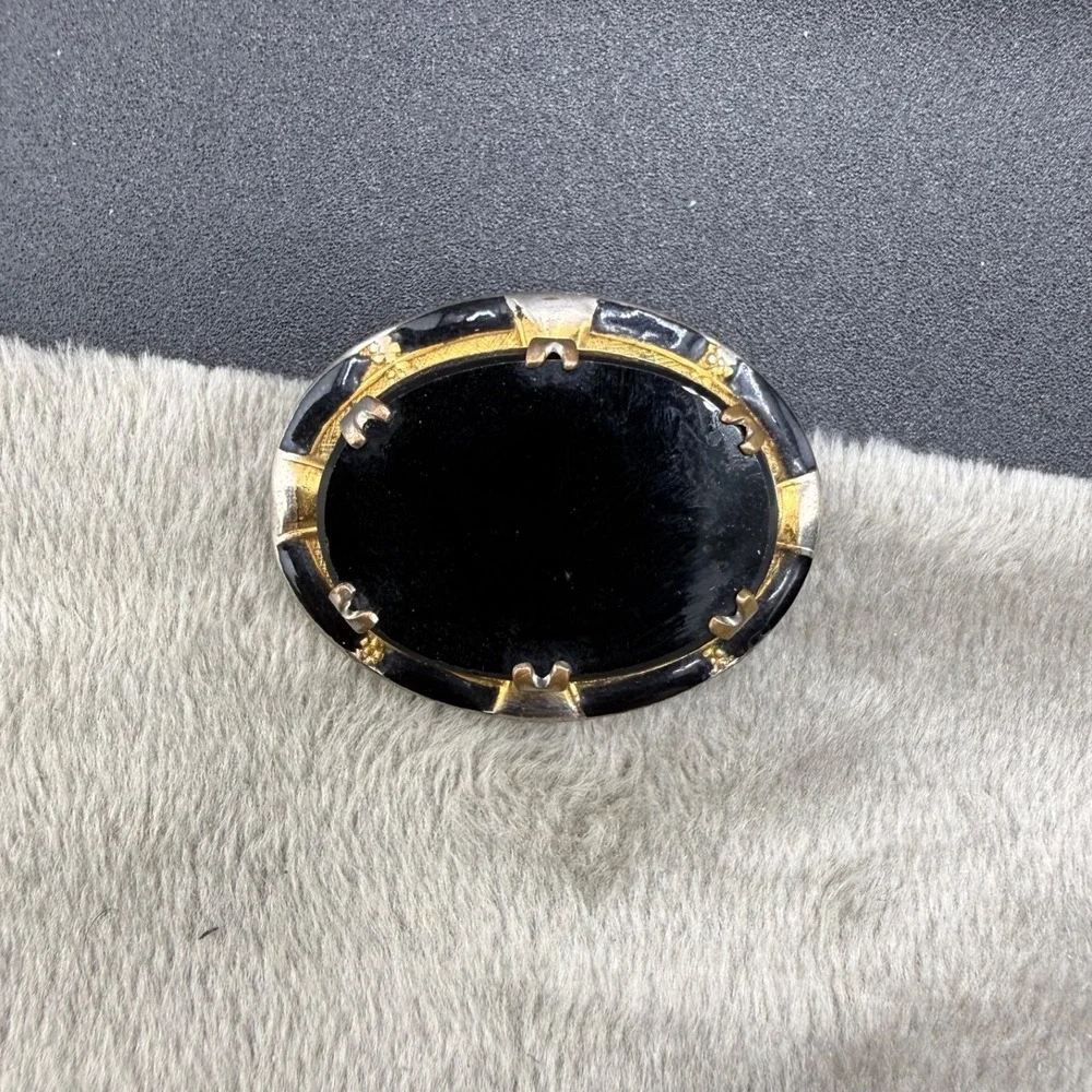 Vintage Dress Clip‎ Silver Tone Black Stone